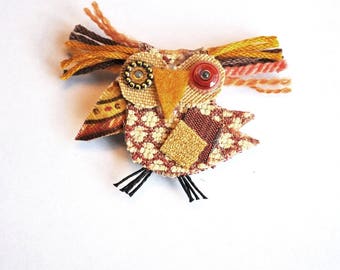 Butterscotch the Owl Brooch, Recycled Fabric, Repurposed Textiles, Bird, Terracotta,Rust, Gold, Beige Colors, Earthtones, Woodland, Forest,