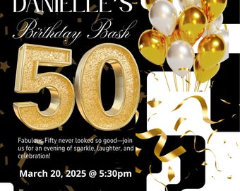 Editable Black and Gold 50th Birthday Invitation (Digital)