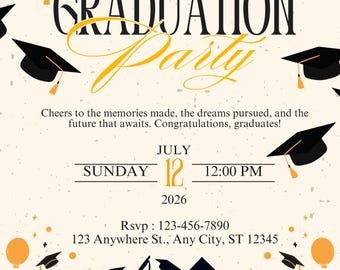 May include: Graduation party invitation with black mortarboards, gold accents, and the words "Graduation Party." The invitation includes the date, time, and RSVP information. Silhouettes of graduates are at the bottom.