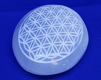 Selenite Palm Stone- laser etched Flower of Life design, SP11