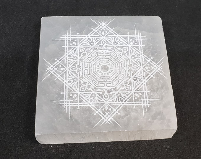 Selenite Charging Plate -Laser Engraved, mandala design