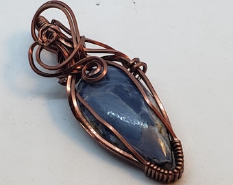 Pietersite wire wrapped pendant, antique copper