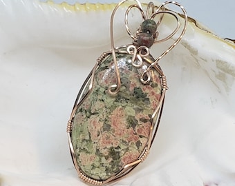 Unakite wire wrapped pendant - rose gold filled