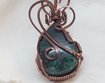 Chrysocolla wire wrapped pendant - Antique Copper