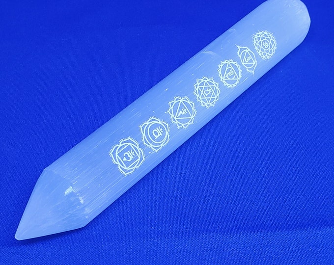 Selenite/Satin Spar Laser, Engraved Wand, 7 Chakras - SCW