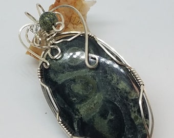 Kambaba Jasper wire wrapped pendant, sterling silver