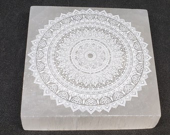 Selenite Charging Plate -Laser Engraved, mandala design SCP9