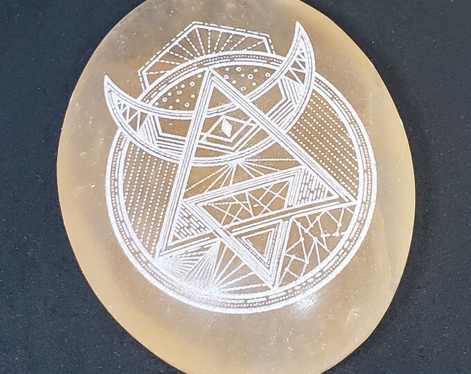 Red Selenite Palm Stone- laser etched design