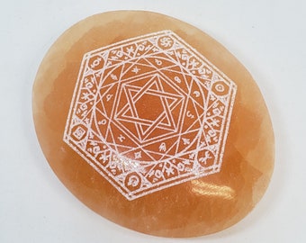 Red Selenite, Palm Stone - Laser enraved, Star of David