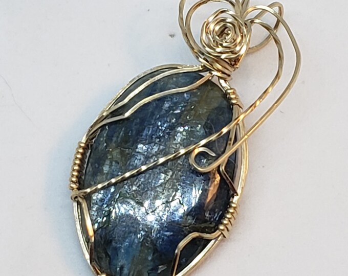 Kyanite wrapped pendant in gold filled wire