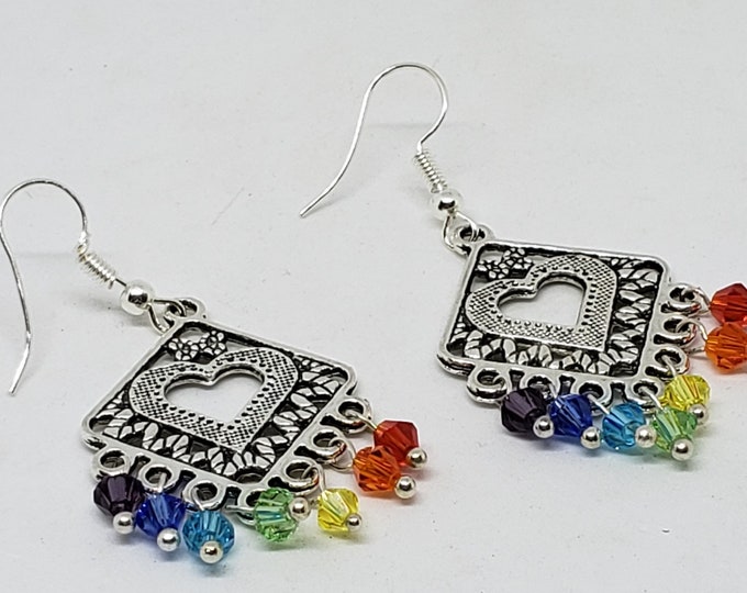 Chakra Chandelier Earrings: Silver Heart Crystal Dangle Earrings
