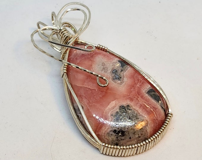 Rhodochrosite Pendant -Wire Wrapped - Silver