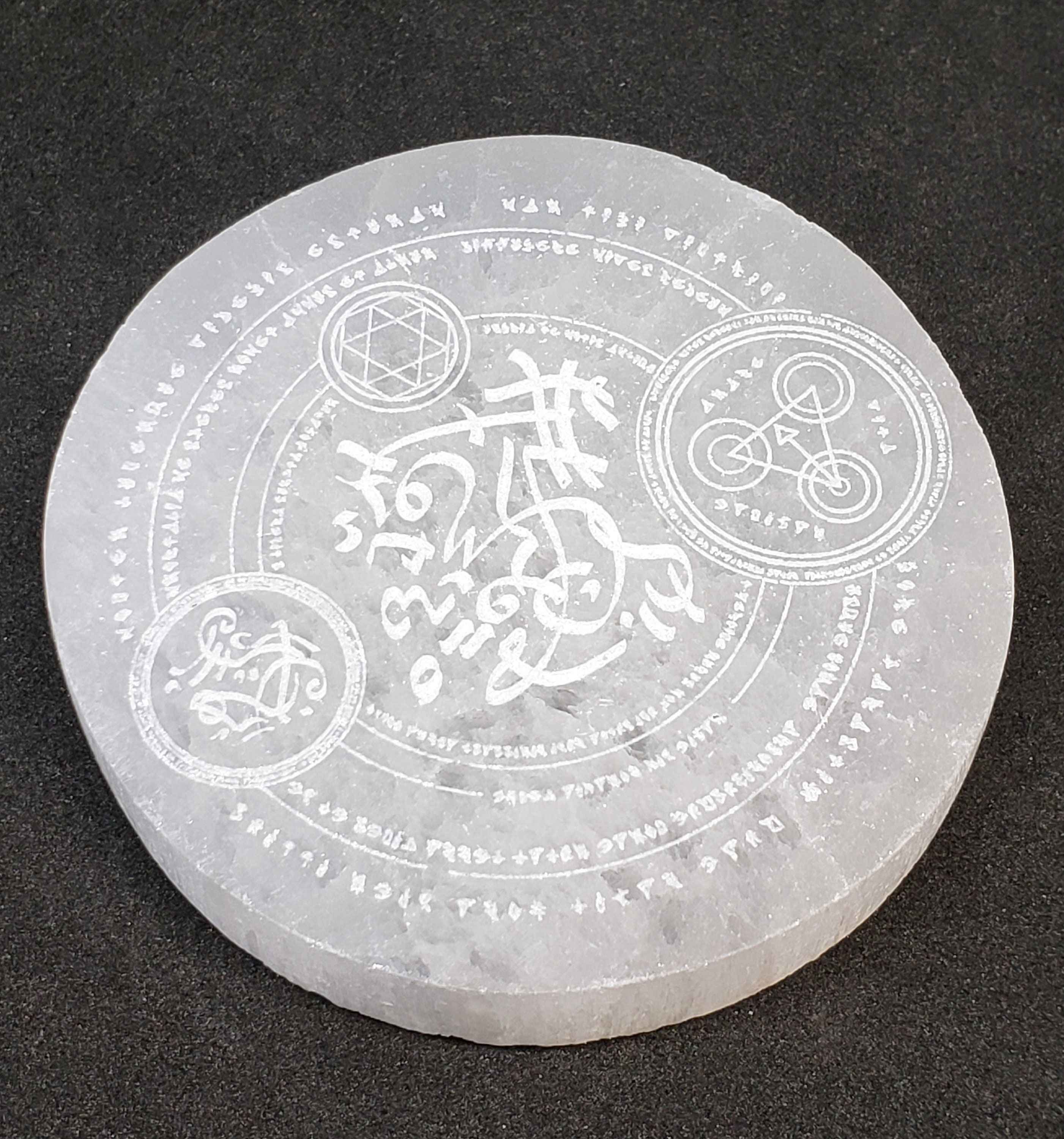 thumbnail image 2 of Handmade Selenite Charging Plate 4" - Astrology Zodiac Engraved Circle Disc 2 of 6