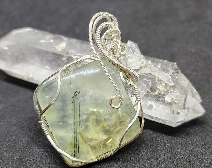 Prehnite Wire Wrapped Pendant in silver filled