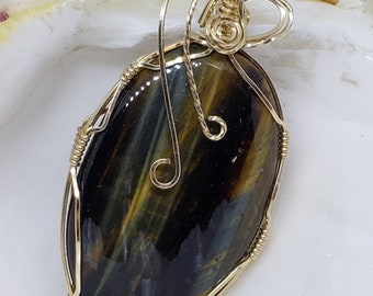 Tiger Eye Pendant, gold filled, wire wrapped