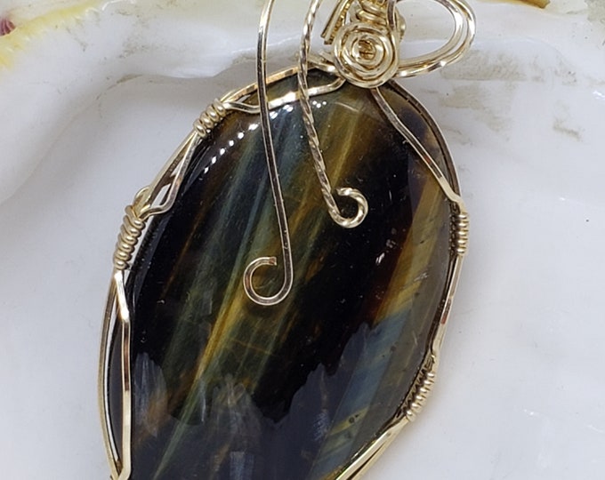 Tiger Eye Pendant, gold filled, wire wrapped