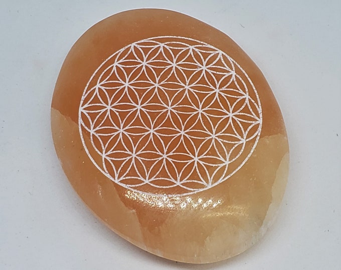 Red Selenite Palm Stone- laser etched flower of life design