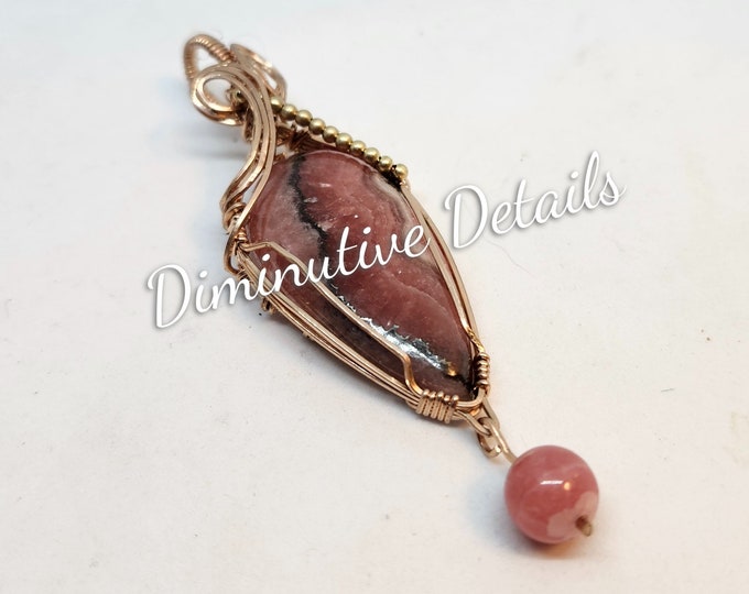 Rhodochrosite  Pendant - Wire Wrapped -Rose Gold Filled