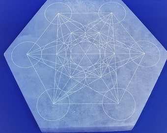 Selenite Charging Plate Hexagon - Laser Engraved, Metarons Cube