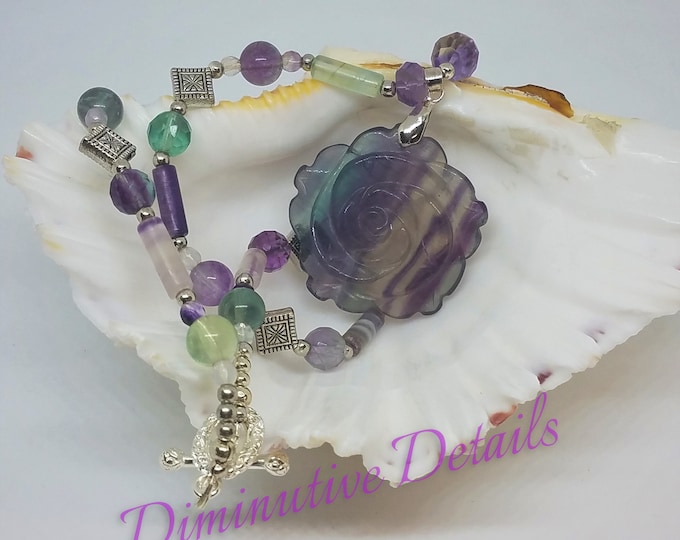 Rainbow Fluorite Beaded Necklace-Flower Pendant - N135