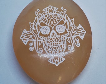 Red Selenite, Palm Stone - Laser enraved, Sugar Skull