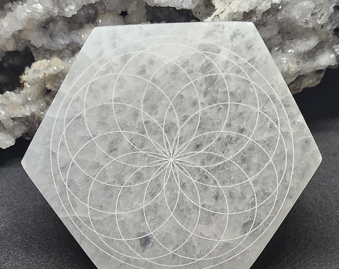 Selenite Charging Plate - Laser Engraved - Seed of life, hex