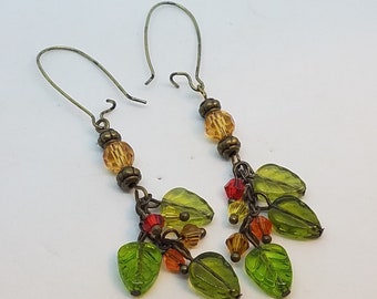 Crystal Leaf Earrings: Antique Bronze Dangle Earrings