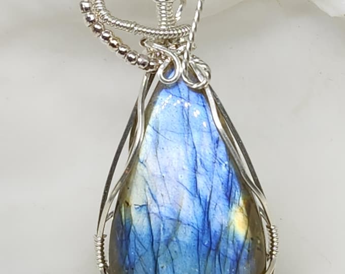 Labradorite Pendant, sterling silver filled, wire wrapped pendant