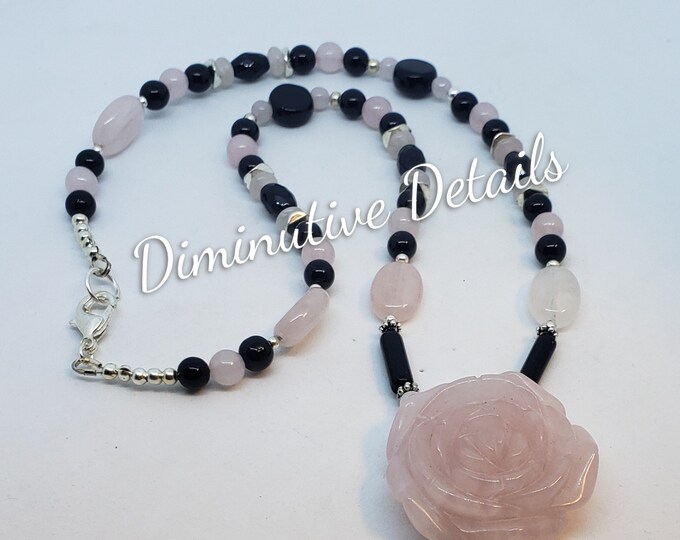 Rose quartz necklace,carved rose,black onyx & rose quartz necklace