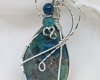 Chrysocolla wire wrapped pendant - Argentium Silver