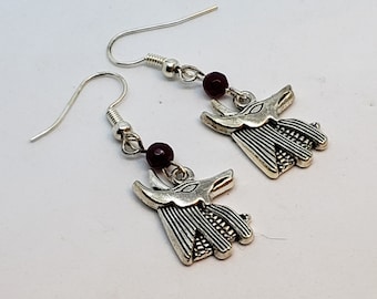 Anubis Earrings: Garnet Accent Beads, Silver Plated