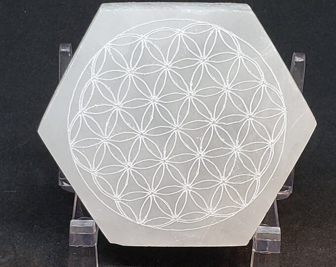 Selenite Charging Plate -Laser Engraved, Flower of Life, Hex, SCP13