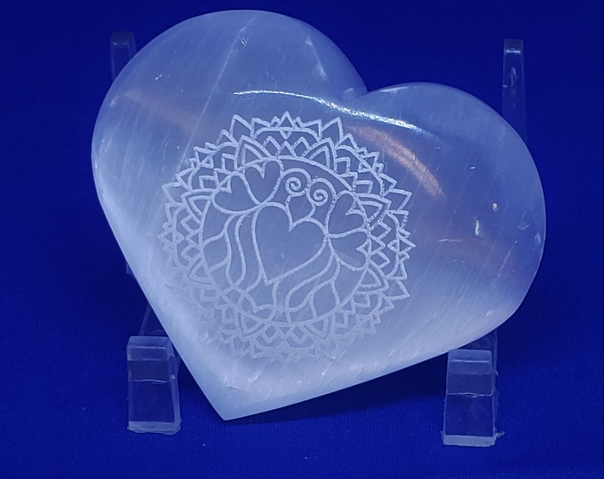 Selenite Heart Shaped Palm Stone, laser etched, Valentine's Day Gift SPH2