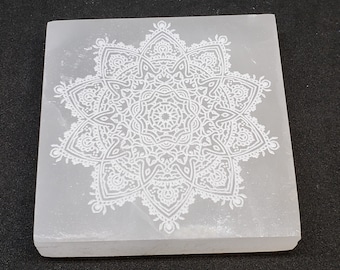 Selenite Charging Plate -Laser Engraved, mandala design SCP10