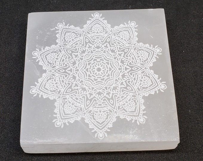 Selenite Charging Plate -Laser Engraved, mandala design SCP10