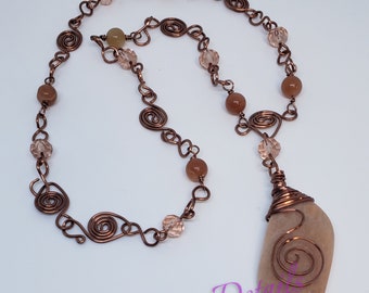 Peach Moonstone and Copper Wire Necklace