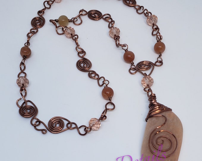 Peach Moonstone and Copper Wire Necklace