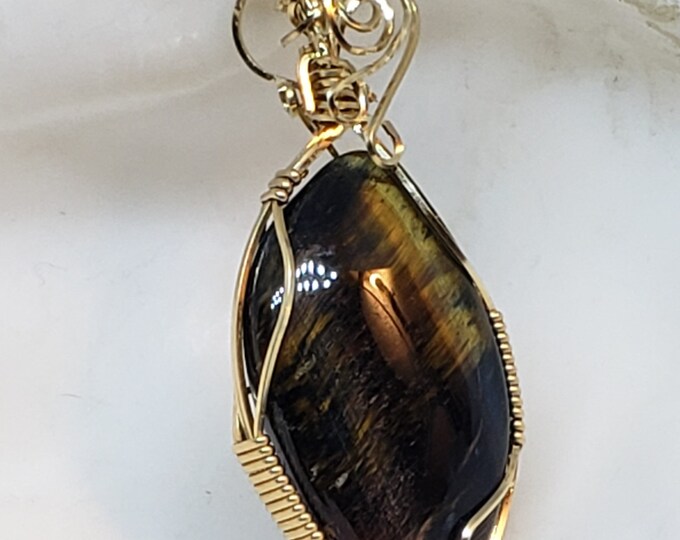 Tiger Eye Pendant, gold filled, wire wrapped