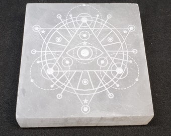 Selenite Charging Plate -Laser Engraved, design SCP6