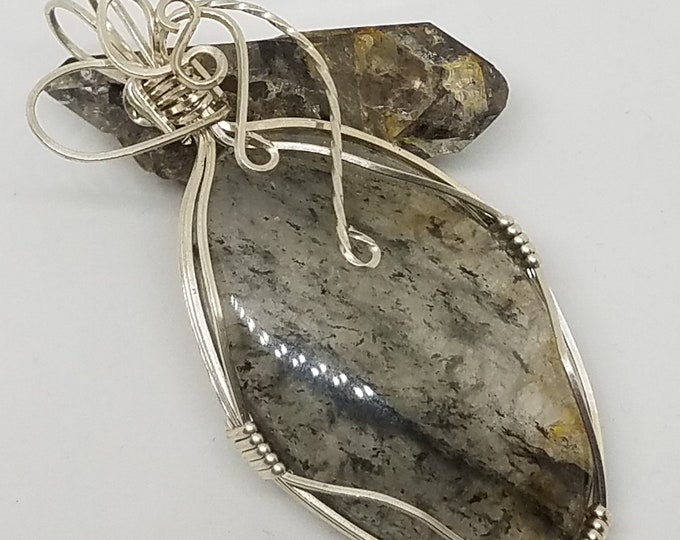 Chlorite Included Quartz Pendant, wire wrapped, silver filled
