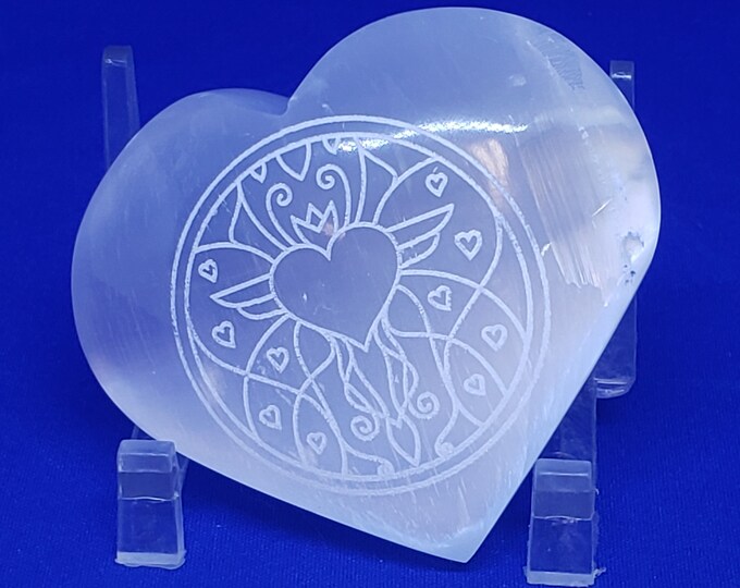 Selenite Heart Shaped Palm Stone, laser etched, Valentine's Day Gift SPH1