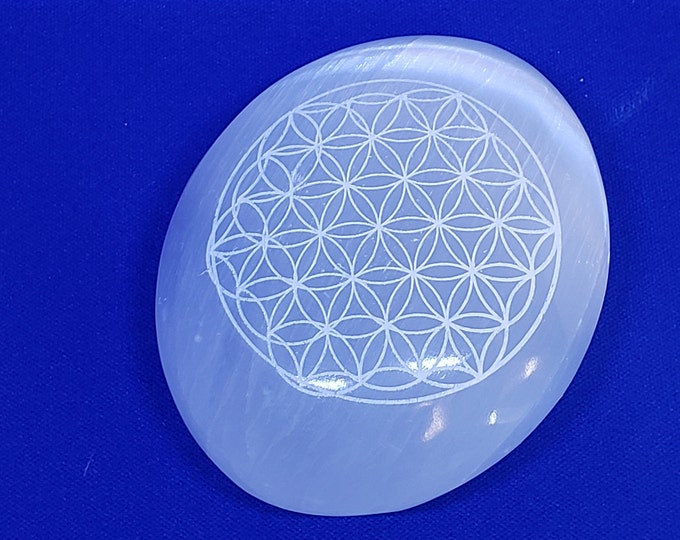 Selenite Palm Stone- laser etched Flower of Life design , SP12