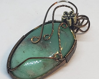 Chrysoprase wire wrapped pendant - antique bronze
