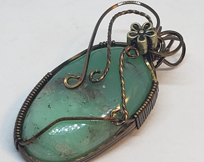 Chrysoprase wire wrapped pendant - antique bronze