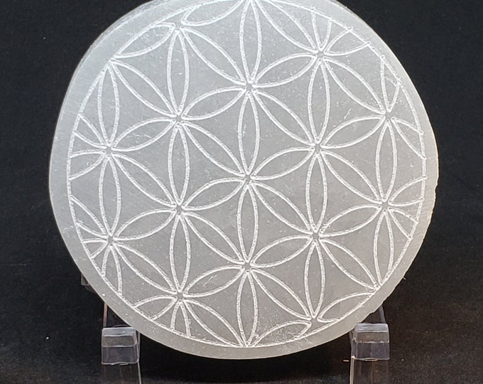 Selenite Charging Plate -Laser Engraved, Flower of Life, Sacred Geometry Symbol, Round