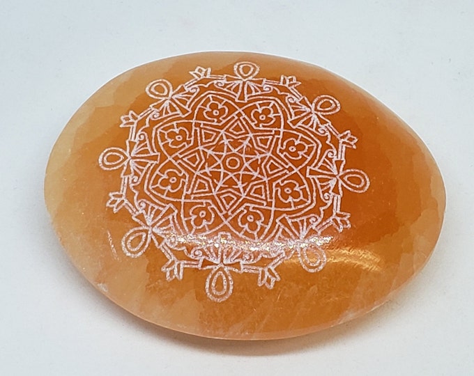 Red Selenite Palm Stone- laser etched mandala design