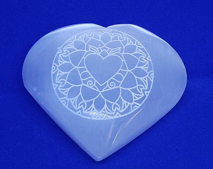 Selenite Heart Shaped Palm Stone, laser etched, Valentine's Day Gift SPH3