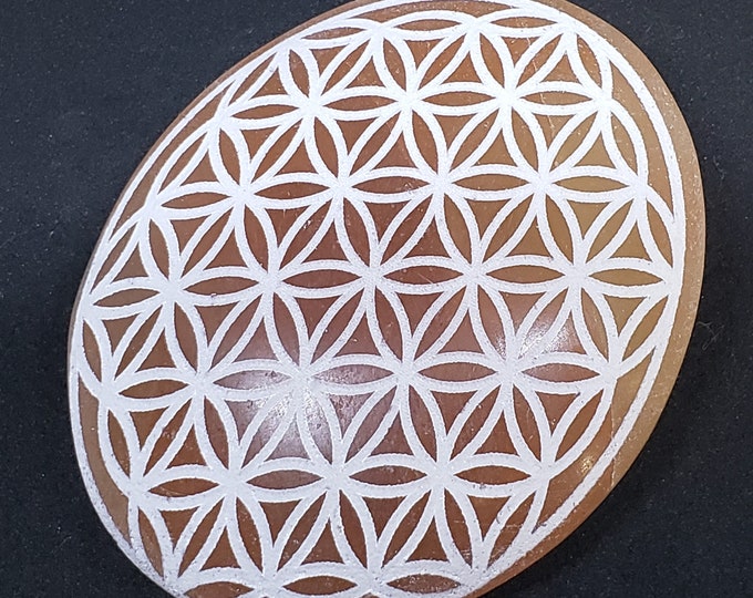 Red Selenite Palm Stone- laser etched flower of life design