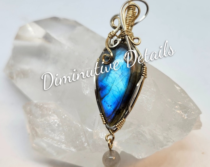 Labradorite Pendant -Wire Wrapped Pendant - Two Tone Silver and Gold Filled