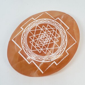 Red Selenite, Palm Stone - Laser Etched Sri Lantra